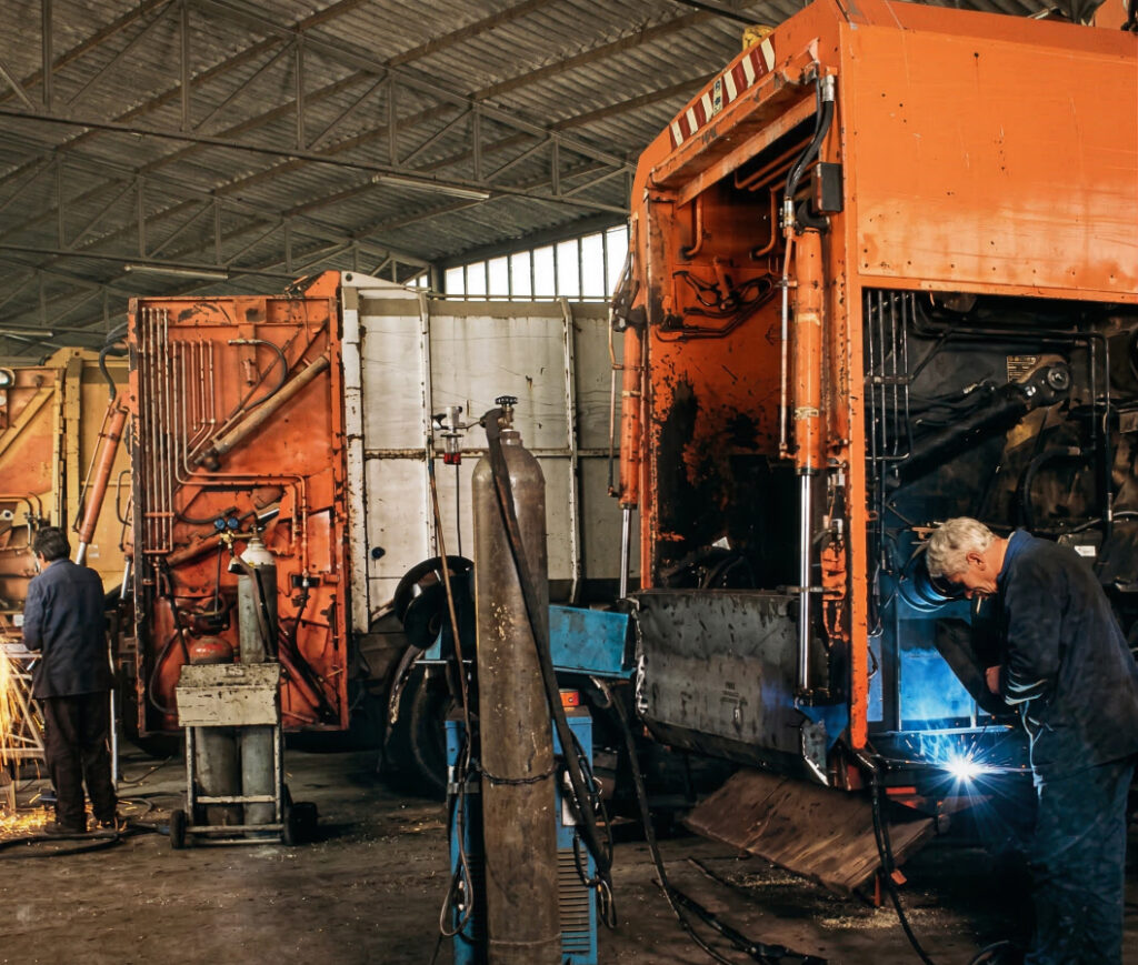 Operai al lavoro in un'officina industriale su autocompattatori arancioni aperti: un meccanico esegue saldature con scintille visibili, un altro lavora in background su un secondo veicolo.