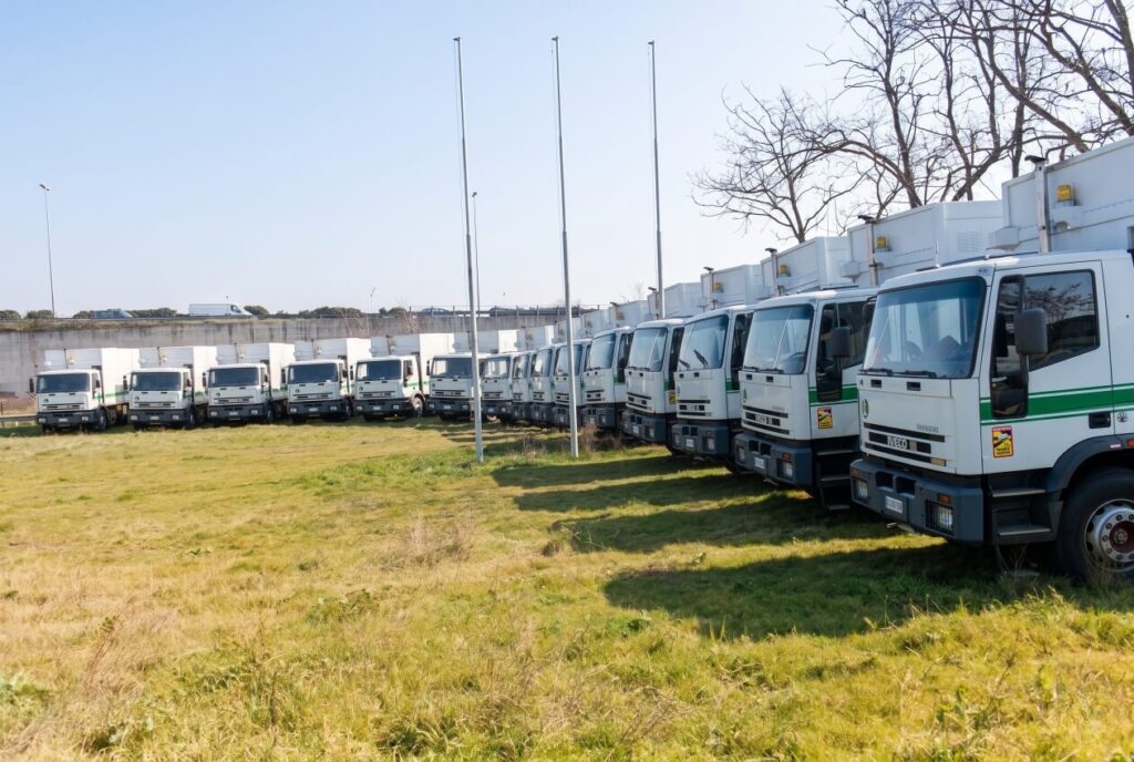 Lunga fila di autocompattatori IVECO bianchi con striscia verde parcheggiati in un campo aperto, ripresi frontalmente in una giornata di sole.