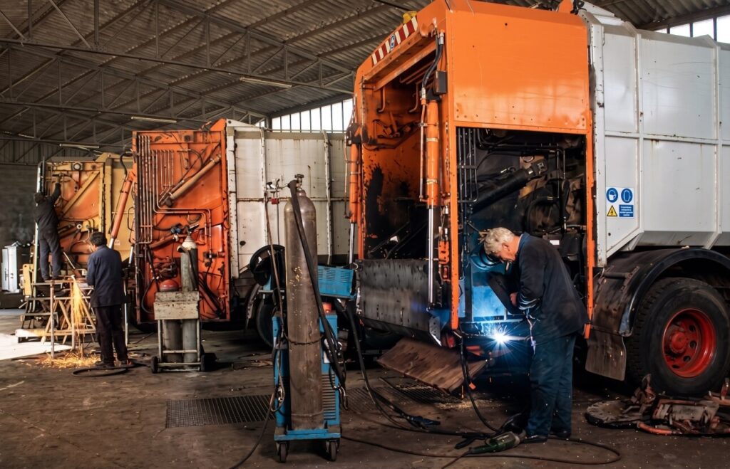 Operai al lavoro in un'officina industriale su autocompattatori arancioni aperti: un meccanico esegue saldature con scintille visibili, un altro lavora in background su un secondo veicolo.